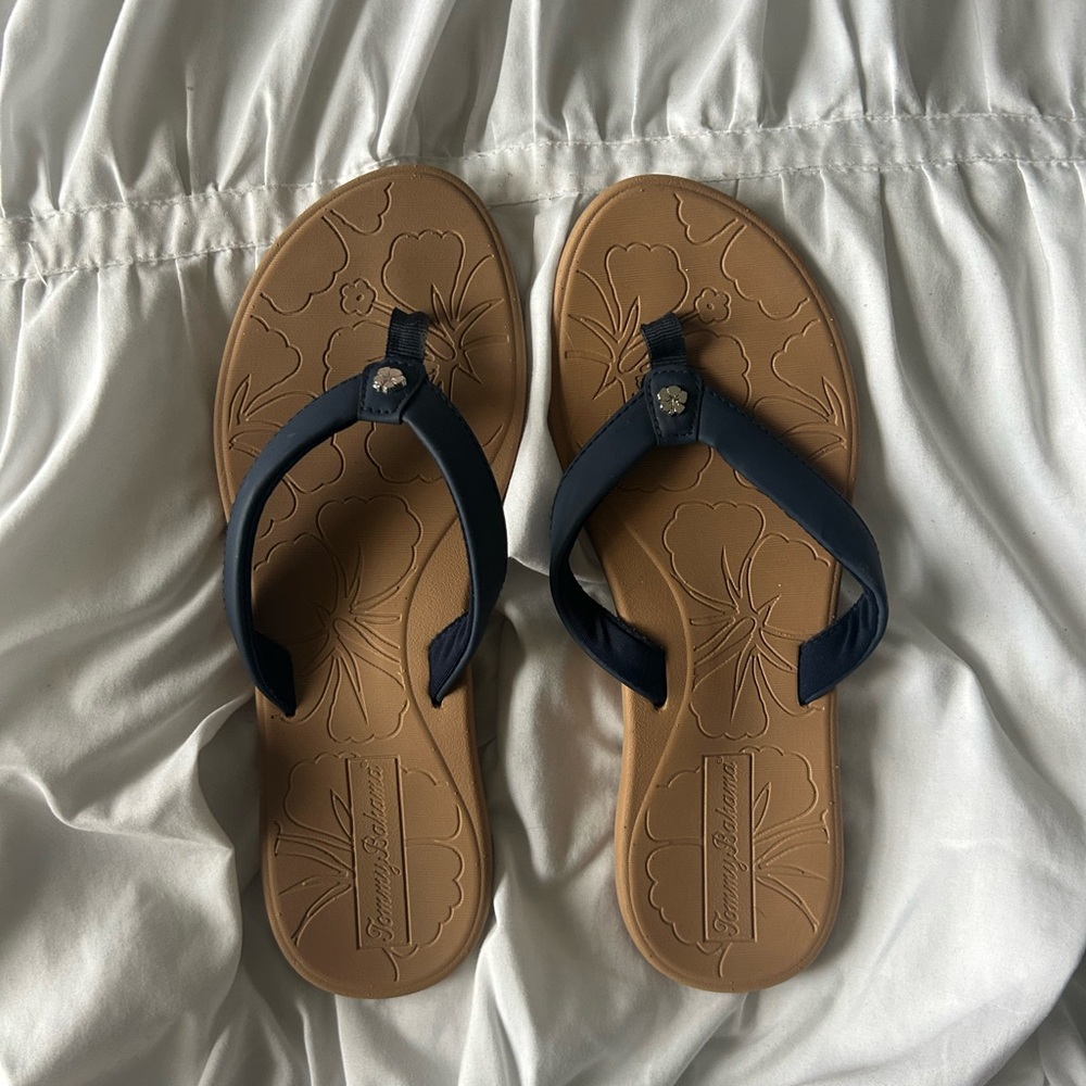 Tommy Bahama Navy and Tan Flip Flops